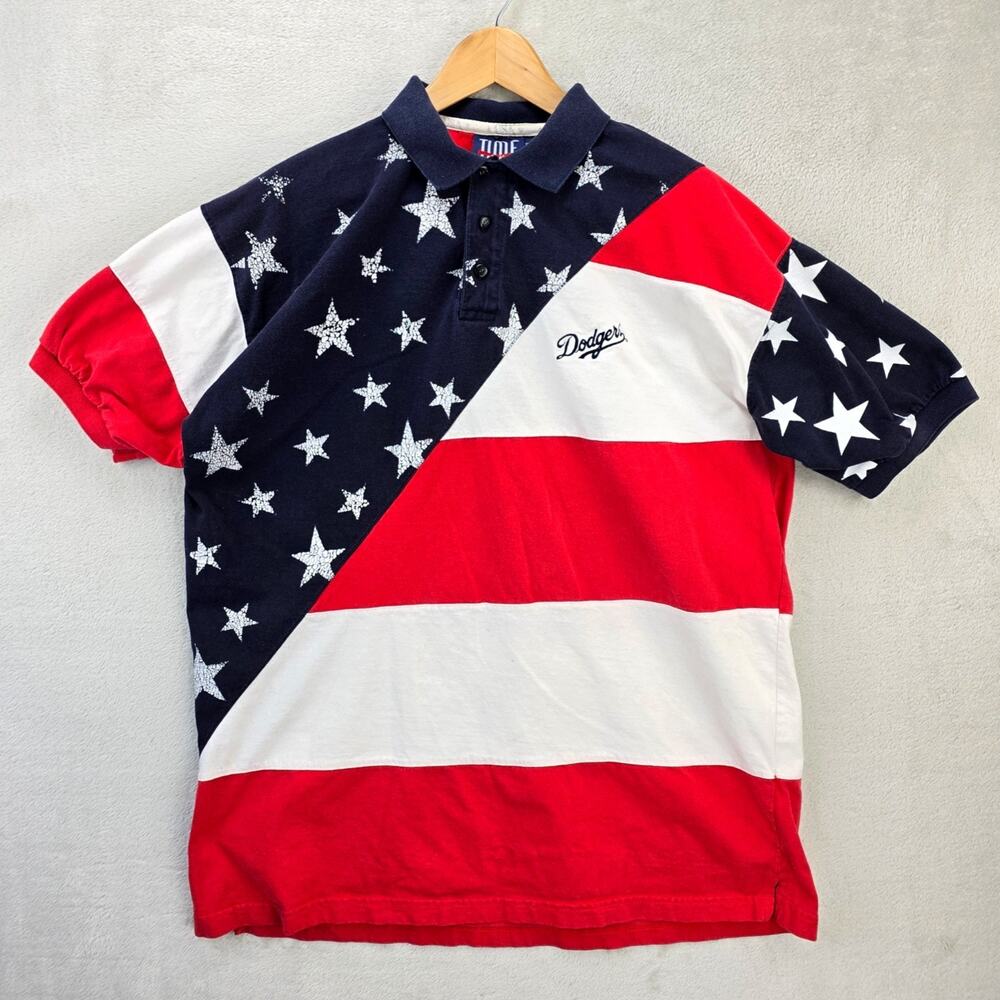Vintage Los Angeles Dodgers USA American Flag Polo Shirt XL Red AM Time *FLAW *